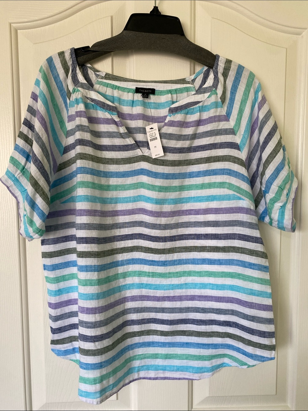 Talbots Multicolor Striped Short-Sleeve Linen-Blend Top